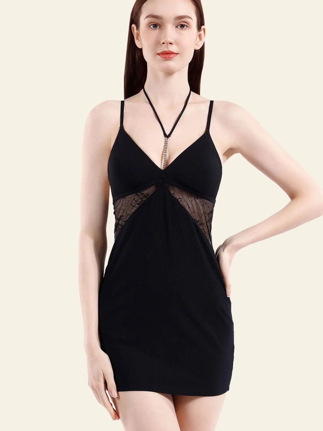 Bodycon Mini Dress with Lace Waist and Halter Neck